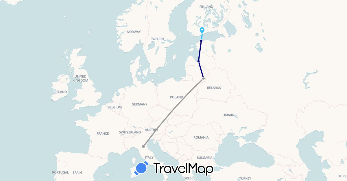 TravelMap itinerary: driving, plane, boat in Estonia, Finland, Italy, Lithuania, Latvia (Europe)